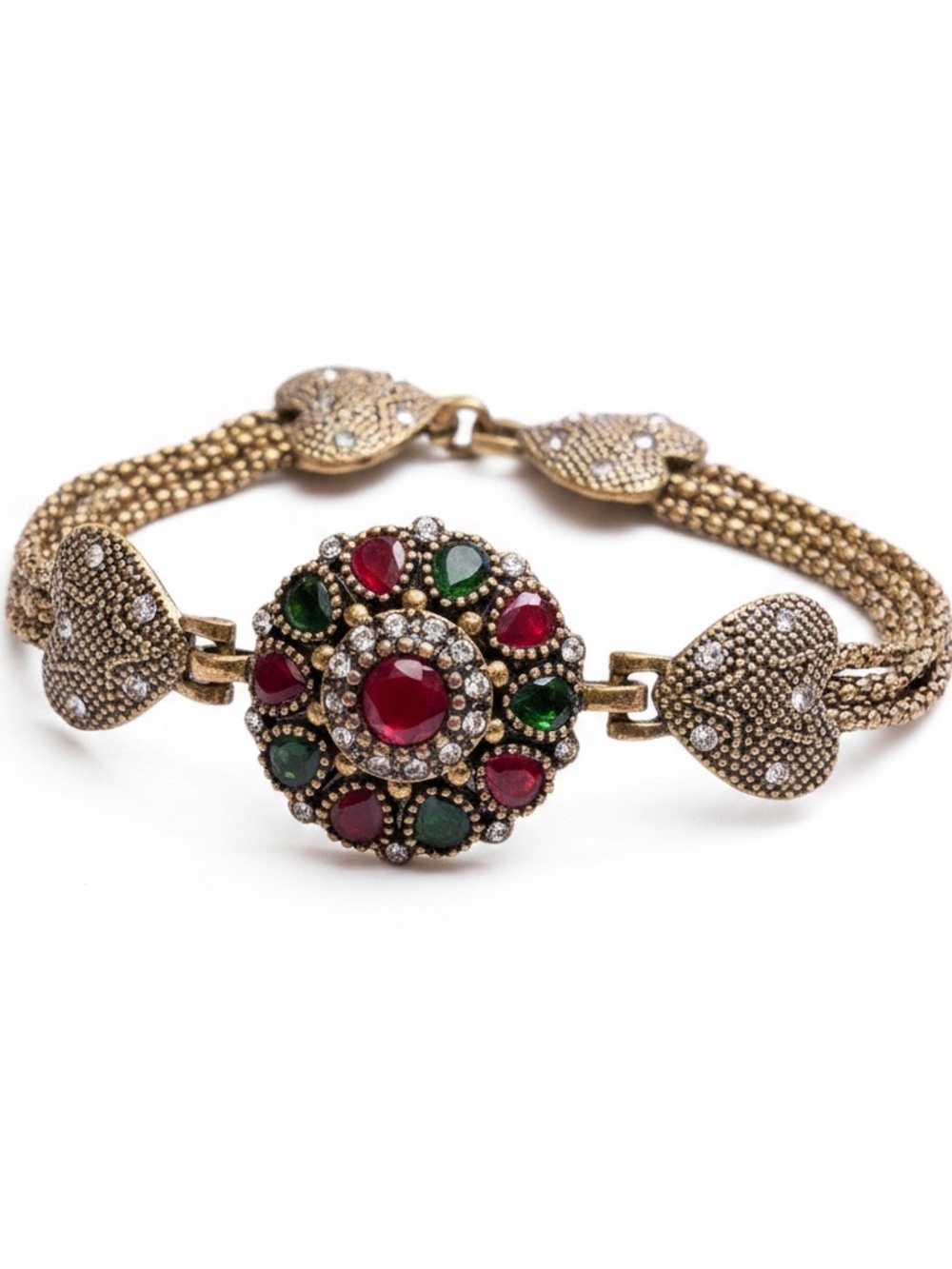 Vintage-Style Gold Bracelet with Red & Green Gem Centerpiece